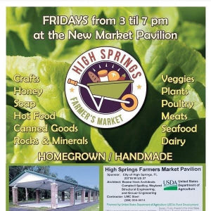 Advertisement for High Springs Farmer's Market with market hours and product categories.